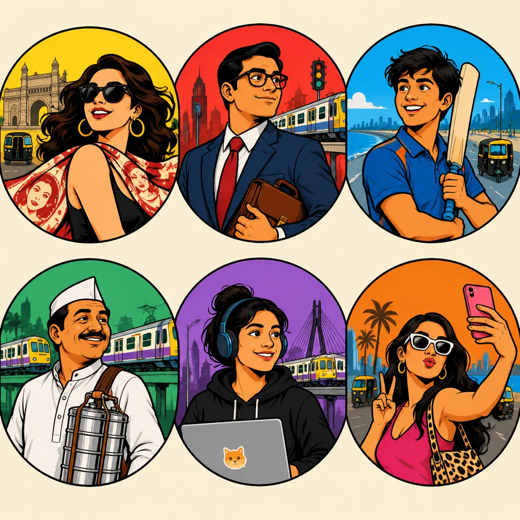 Illustrations of the Mumbai commuter characters you can play as